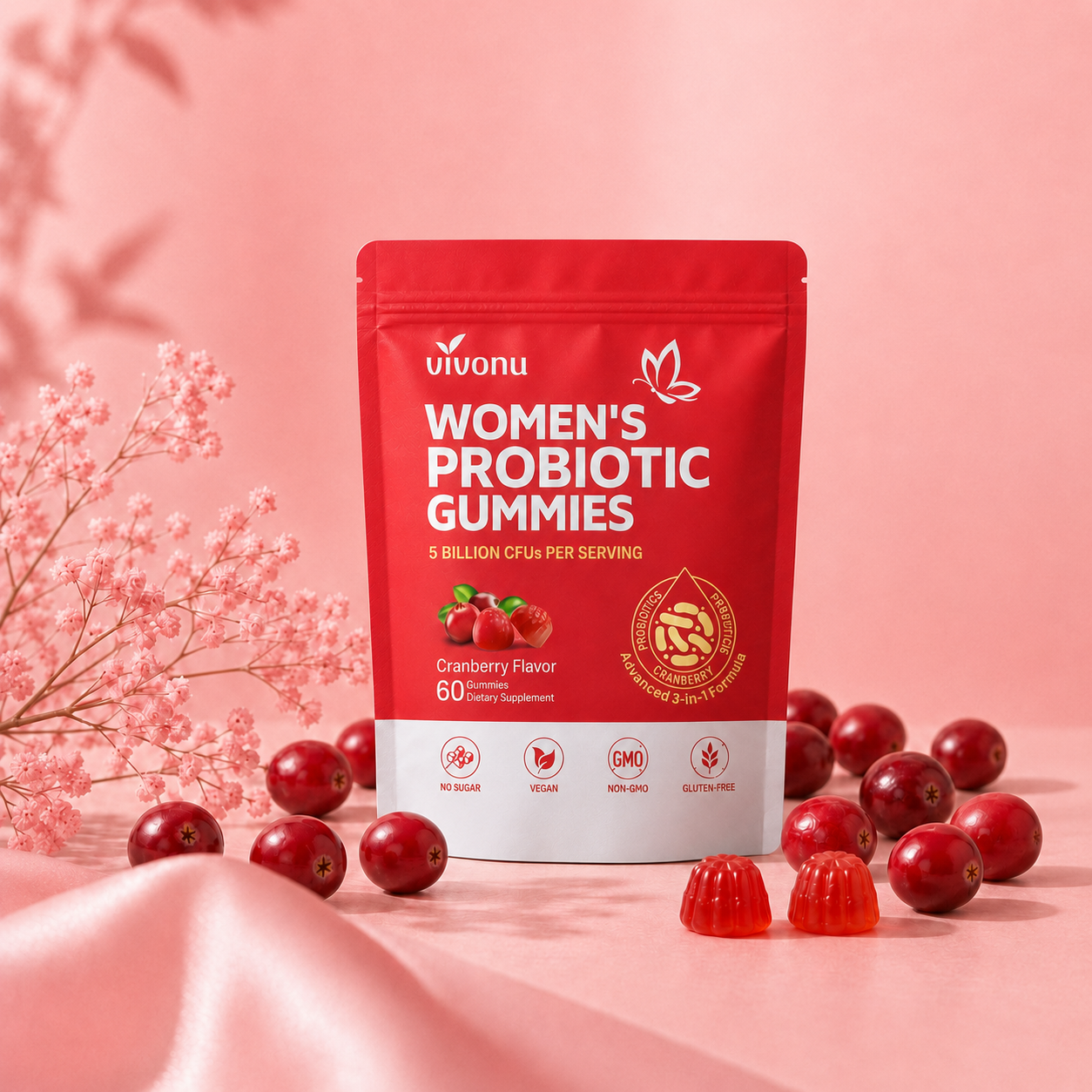 Women's Probiotic Gummies product on pink background